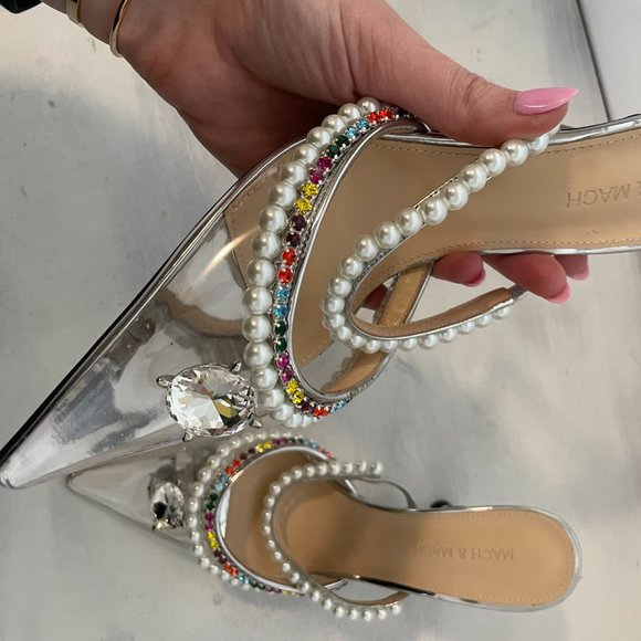 MACH & MACH Slip On Mule Diamond Of Elizabeth  Pearl Pointed Toe Stiletto Heels - Picture 5 of 11